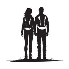 Couple Outdoors Vector Silhouette, Group of Hiking man Silhouettes. hiker with backpack and rucksacks silhouette.