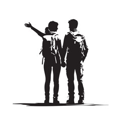 Couple Outdoors Vector Silhouette, Group of Hiking man Silhouettes. hiker with backpack and rucksacks silhouette.