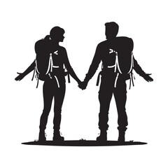 Couple Outdoors Vector Silhouette, Group of Hiking man Silhouettes. hiker with backpack and rucksacks silhouette.