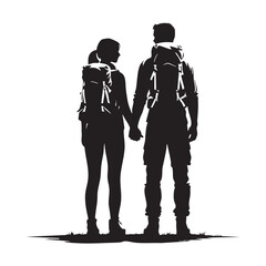 Couple Outdoors Vector Silhouette, Group of Hiking man Silhouettes. hiker with backpack and rucksacks silhouette.