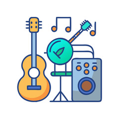 Colorful Cartoon Music Instruments: Guitar, Banjo, Amplifier, Notes