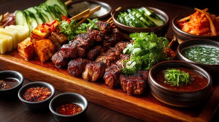 A wooden platter with a variety of Asian food, including meat, vegetables