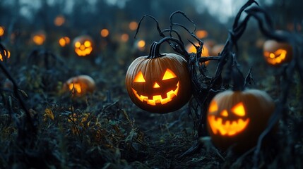 Glowing Jack-o'-lanterns in a dark field create an eerie Halloween atmosphere at dusk