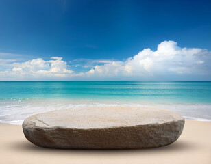 Blank rock podium stand on a tropical beach. Empty stone display platform on a white sand beach with clear blue sky. Minimalist coastal scene for mockups, product display, and relaxing themes.