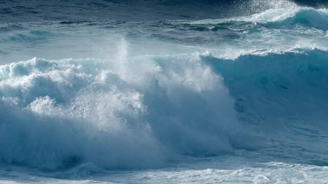 Dramatic ocean waves collide with the volcanic coastline near Timanfaya National Park, located on the island of Lanzarote in the Canary Islands, Spain.