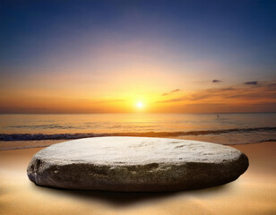 Blank rock podium stand on a tropical beach. Empty stone display platform on a white sand beach with sunrise or sunset sky. Minimalist coastal scene for mockups, product display, and relaxing themes.
