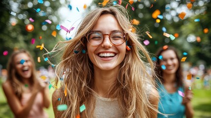 Girl with glasses surrounded by friends at a surprise party celebrating with congratulations sign and joyful atmosphere