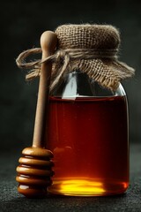 Honey Jar with Spoon: A rustic jar of honey and wooden spoon, set on a wooden table.