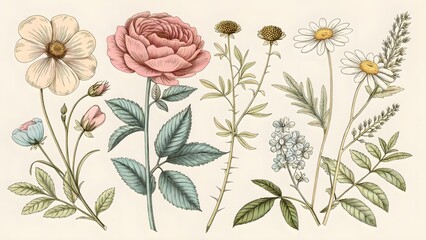 A collection of hand-drawn botanical illustrations rendered in a vintage style, showcasing detailed plant and floral elements. Perfect for antique-themed designs, packaging, and educational materials.