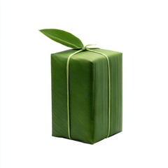 Green wrapped box with leaf isolated on white background