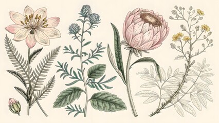 A collection of hand-drawn botanical illustrations rendered in a vintage style, showcasing detailed plant and floral elements. Perfect for antique-themed designs, packaging, and educational materials.