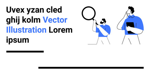 Two individuals analyzing ideas, one holding a magnifying glass and the other thinking with a tablet. Ideal for data analysis, brainstorming, research, innovation, teamwork, education, simple landing