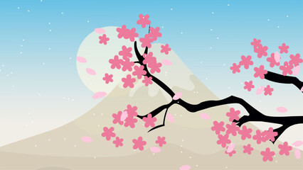 Pink Cherry Blossoms with Mountain Background Illustration