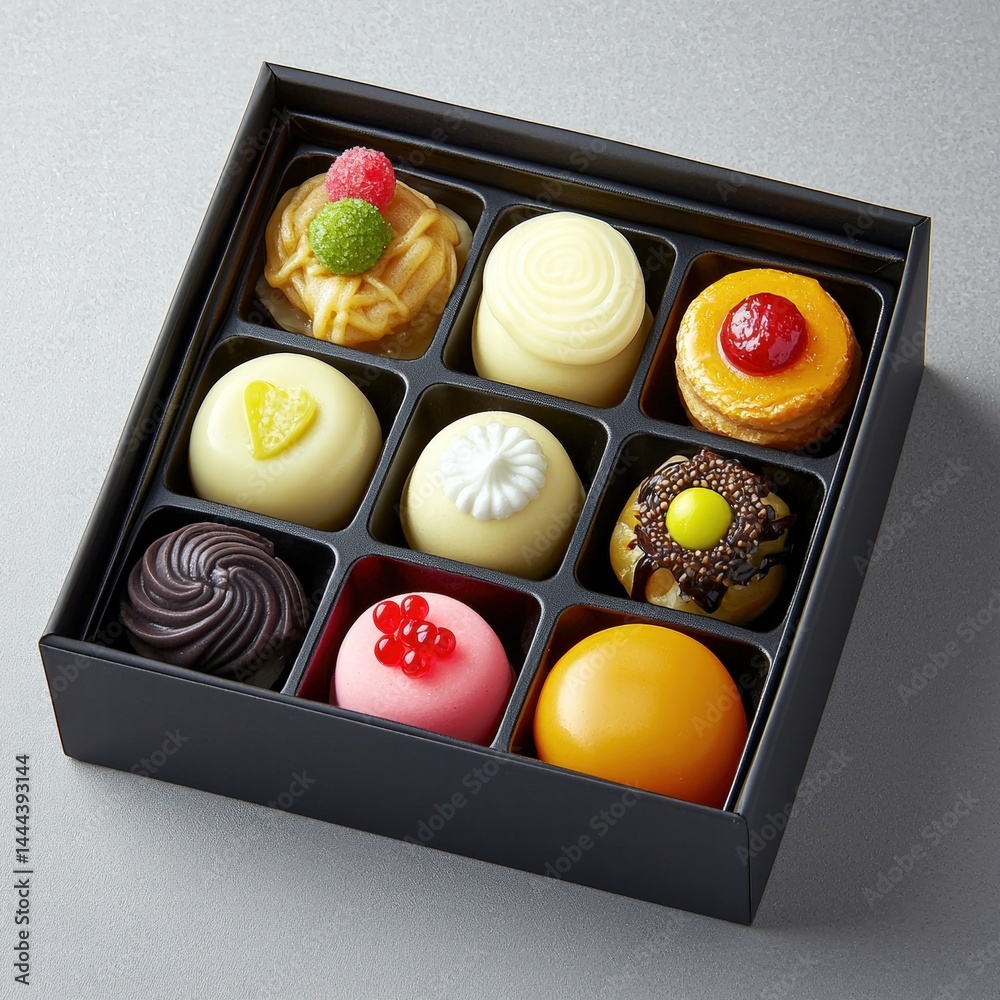 Aufkleber an assortment of unique assorted items in a box displayed creatively for a colorful presentation