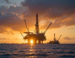 Obraz premium Majestic offshore oil platform stands silhouetted against a vibrant sunset over the ocean waters.