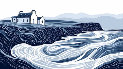 Fototapeta premium House overlooks rough seas and a cliff coastline with hills in the background Monochromatic hues of blue prevail