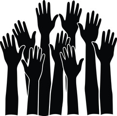 Fototapeta premium Vector illustration shows a group of black silhouette people with raised hands, a symbol of volunteer charity