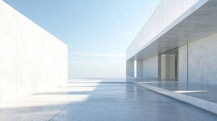 Obraz premium Modern, minimalist architectural design overlooking a tranquil ocean vista. Spacious, open-air, light-filled structure