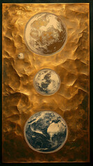 The golden canvas shows a progression of planets top to bottom with a detailed textural backdrop