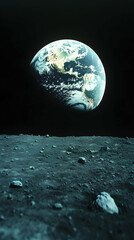 View of Earth from the moons surface with rocks and craters in foreground black space and planet above