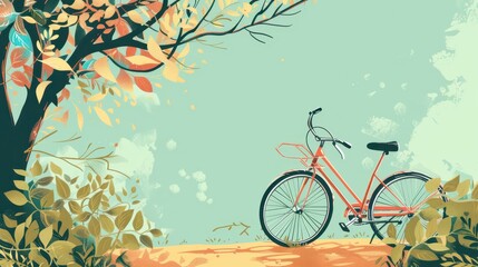 Fototapeta premium Celebration of world bicycle day with a bike resting under a tree in a scenic park. Horizontal banner. Copy space. World Car Free Day. Flat illustration