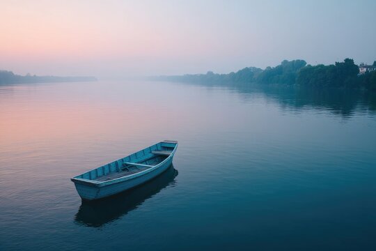 empty traditional vietnamese wooden boat drifting gently on serene river under soft light of dawn