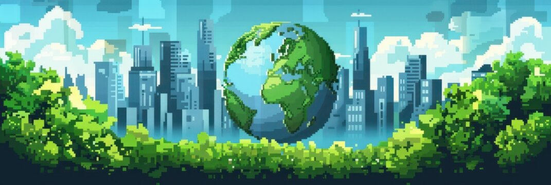 Celebrating world environment day with a pixel art earth against urban skyline. Horizontal banner. Copy space. Earth Day. Vintage illustration. Pixel art