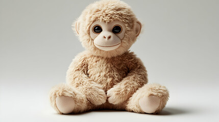 Fototapeta premium A fluffy light brown plush monkey sits showcasing its big shiny black eyes and gentle smile