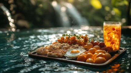 Food and drink on a tray floating in water with a blurred background.