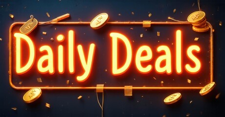 Bright neon sign displays Daily Deals. Gold coins, tags surround text. Festive, promotional imagery suggests savings opportunities.