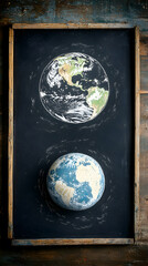 The Earth drawn in chalk and a Earth globe on black board surrounded by a wooden frame