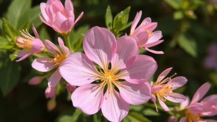 Obraz premium Delicate pink flowers bloom brightly in the sunlight showcasing their vibrant petals and yellow centers in a lush green garden.