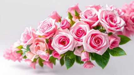 A beautiful arrangement of delicate pink roses with lush green leaves elegantly curves against a soft white background.