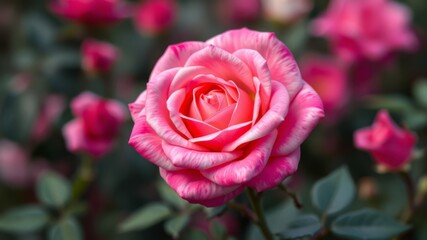 A single, vibrant pink rose blooms beautifully in a lush garden setting among other roses in full bloom.