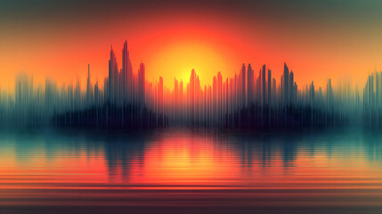 Abstract sunset over a cityscape silhouette reflecting on rippling water bathed in warm colors