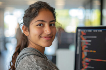 young female AI engineer from Indiis coding software for groundbreaking big datblockchain project in tech office  
