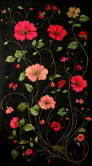 Elegant red and peach flowers with green leaves and gold tendrils on a dark textured background