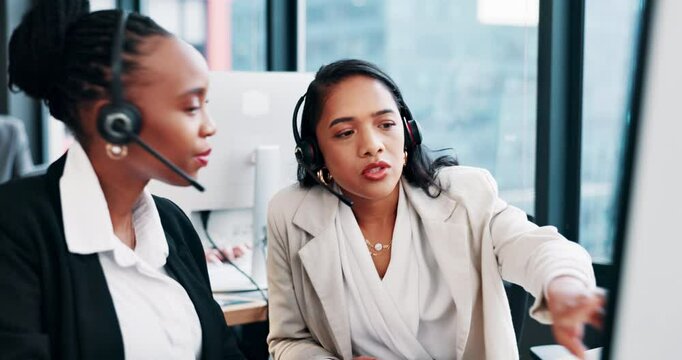 Call center manager, computer and teamwork with advice for sales training, lead generation or outbound support. Telemarketing, woman or helping trainee with product knowledge or customer enquiry info