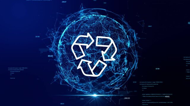 Recycling symbol over a glowing digital earth network, representing global sustainability, green technology, and environmental innovation in a futuristic style. Animation 4k. 3D rendering