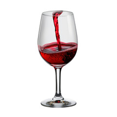 Close-up of a glass of red wine being poured with liquid mid-air motion, clear stem and bowl on a plain white background for beverage and wine drinking theme