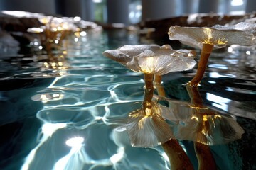 Obraz premium A mesmerizing scene of golden-lit fungi standing on a mirror-like water surface, reflecting their intricate forms and creating an atmosphere of calm and elegance.