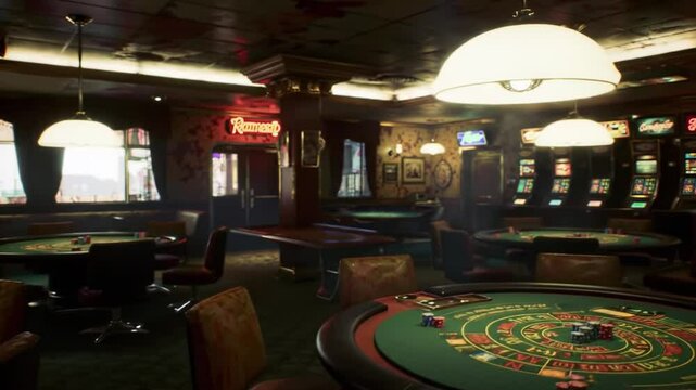 Explore an empty casino interior with classic decor and gaming tables