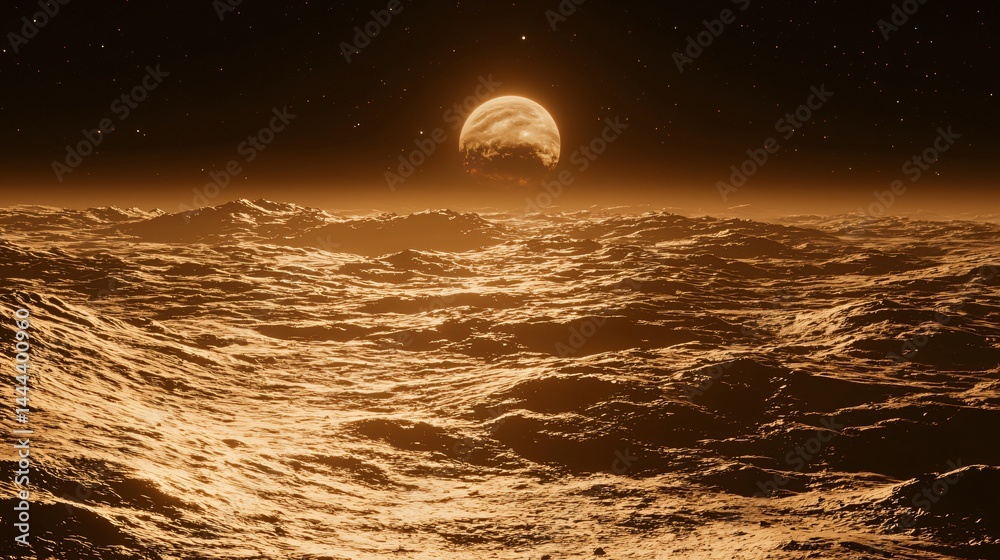 Canvas Prints mystical planet emerging from the ocean surrounded by gentle waves and enigmatic light in a celestia