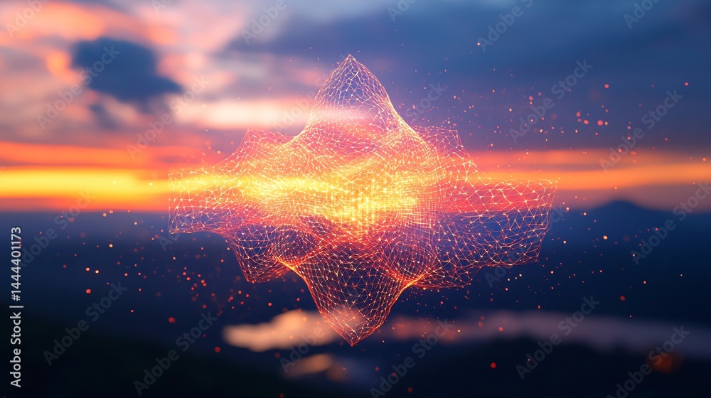 Wall mural a brilliant star in the twilight sky surrounded by abstract art and floating tessellations creating 