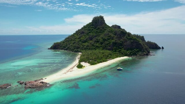 Monuriki island, filming location for Castaway Movie in Fiji- aerial fly in