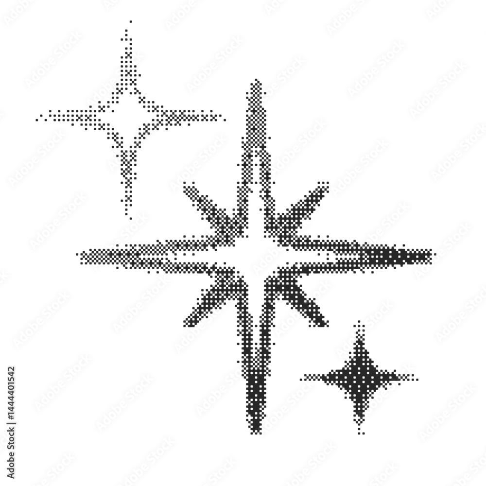 Poster bitmap pattern abstract star shapes. halftone gradient elements on white background. dither noisy gr