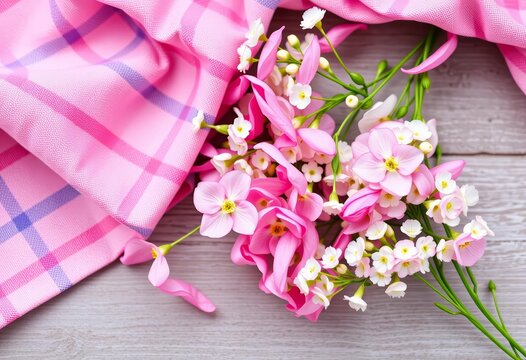 Pink plaid fabric, gypsophila blooms on grey wood Spring greeting card concept,  aesthetic,  greeting card
