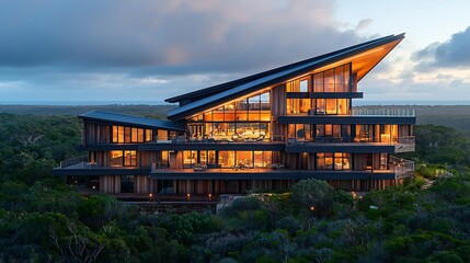 Obraz premium Luxurious modern eco-lodge nestled in a forest overlooking the ocean