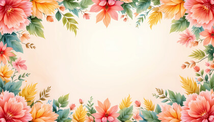 Obraz premium Elegant watercolor floral border with pastel flowers and leaves. Perfect for invitations, greeting cards, and seasonal decorative designs
