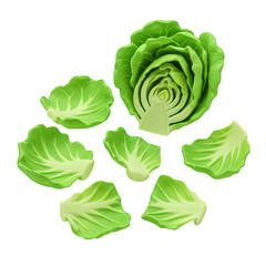 Deconstructed Cabbage: Fresh Green Vegetable, 3d plasticine style, isolated on transparent background.
